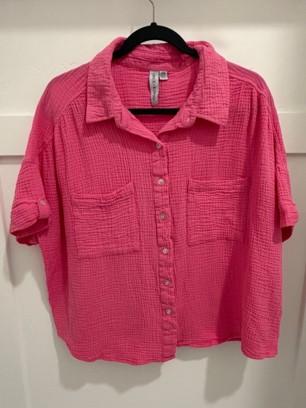 Grace Karma 2X Pink Gauze Button Up Blouse Cotton Textured Shirt Plus Size